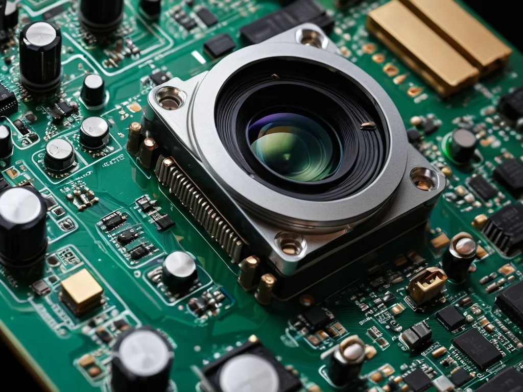 Макросъемка печатной платы камеры, демонстрирующая сложность и миниатюрность электронных компонентов.