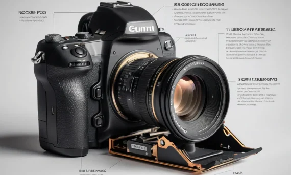 Изображение демонстрирует схематичное представление современной зеркальной камеры с обозначением ключевых компонентов и их функций.