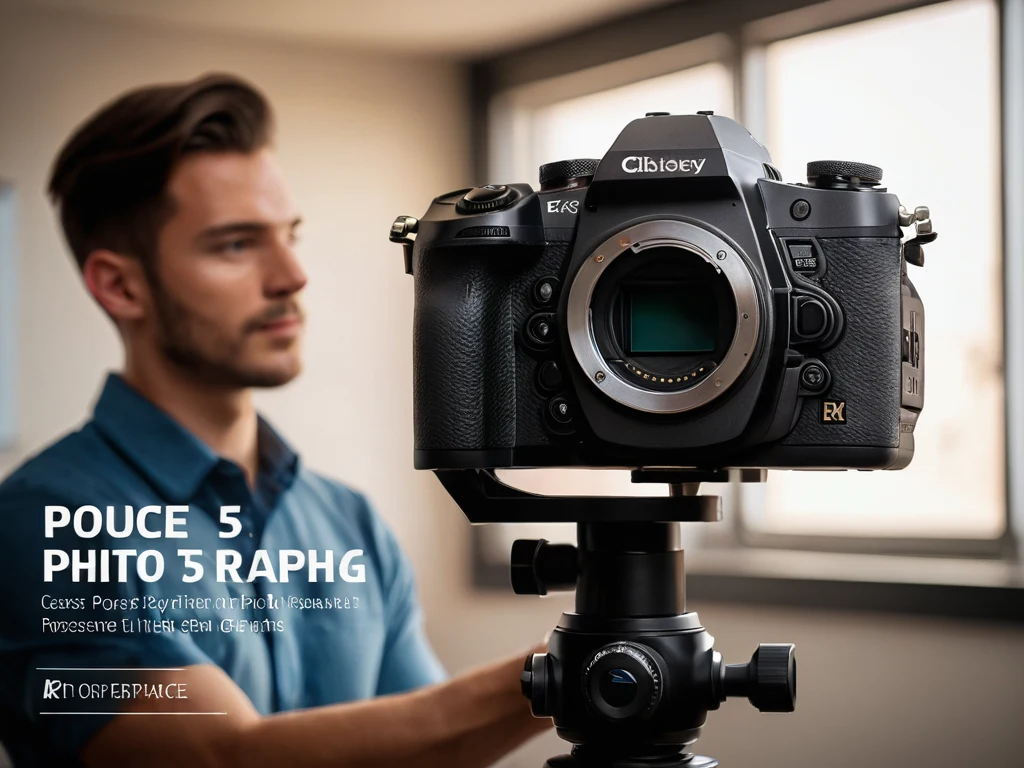 Фотография демонстрирует камеру на штативе, с человеком, частично находящимся в фокусе, символизирующим процесс создания фотографии.