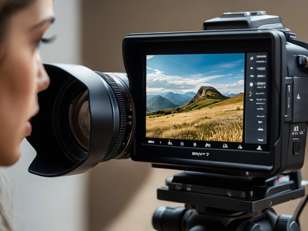 Фотография демонстрирует человека, смотрящего в видоискатель камеры, на экране которого отображается пейзаж.