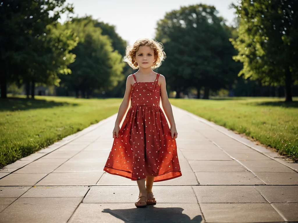 Девочка в красном платье стоит на аллее в парке, демонстрируя использование ведущих линий в композиции. Иллюстрация для статьи о композиции.