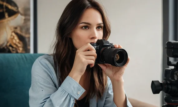 Девушка с фотоаппаратом, изучающая искусство фотографии в домашней обстановке. Иллюстрация для статьи о выборе первого фотоаппарата.