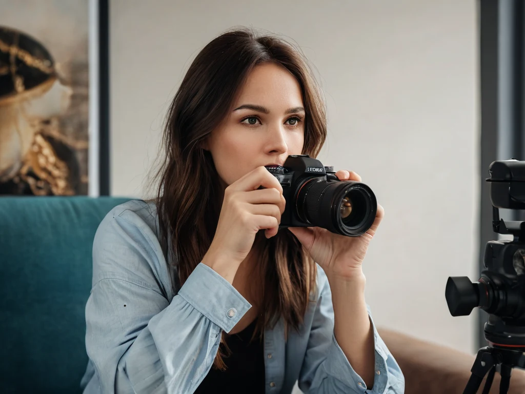 Девушка с фотоаппаратом, изучающая искусство фотографии в домашней обстановке. Иллюстрация для статьи о выборе первого фотоаппарата.