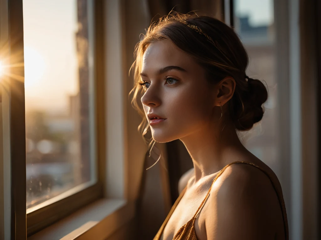 Девушка смотрит в окно, освещенная мягким закатным светом. Иллюстрация для статьи об использовании света в фотографии.