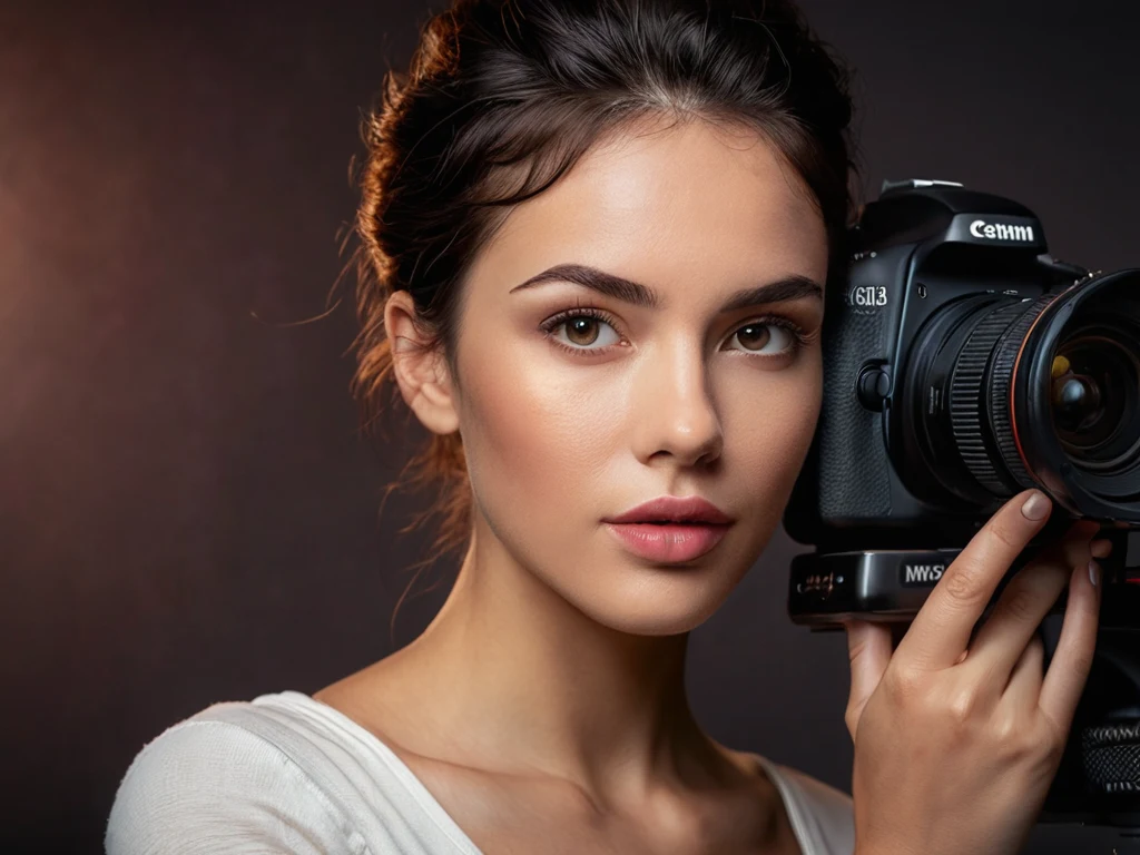 Девушка-фотограф, смотрит в камеру, держа ее в руках. Иллюстрация для статьи о дальнейшем развитии в фотографии.