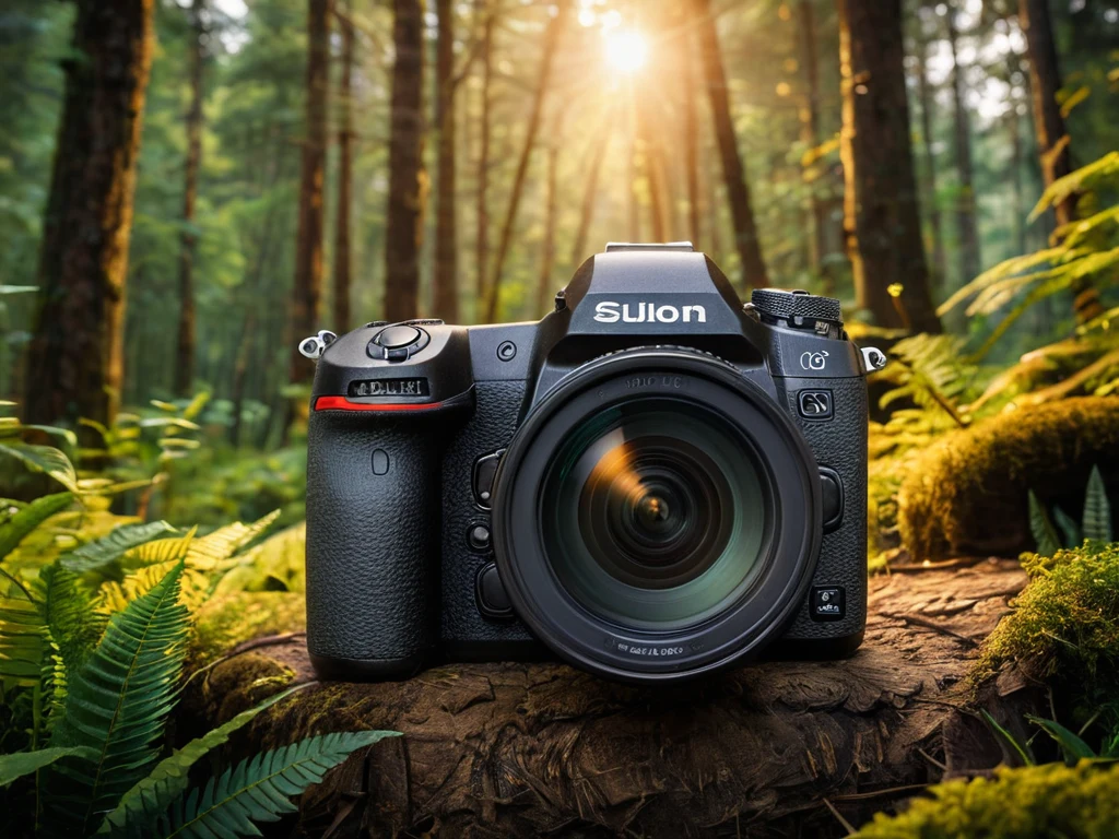 Фотография кроп-камеры, расположенной на пне в лесу, демонстрирует возможности съемки пейзажей с использованием более компактного оборудования.