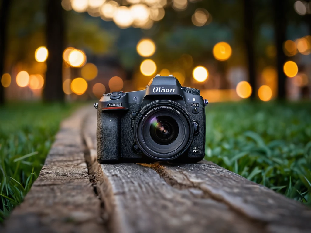 Фотография полнокадровой камеры на деревянной скамейке, окруженной размытыми огнями, демонстрирует возможности съемки в условиях низкой освещенности.