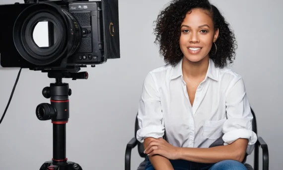 Изображение демонстрирует крупноформатную камеру на штативе и улыбающуюся модель, подчеркивая важность выбора оборудования для качественной съемки.
