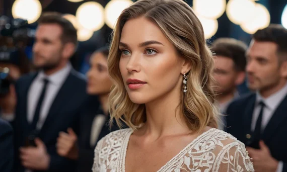 Элегантный портрет женщины на красной дорожке, окруженной вспышками камер. Идеально подходит для иллюстрации важности текста к фотопроекту.