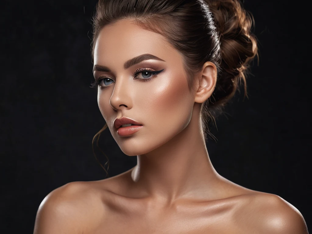 Крупный план лица модели с профессиональным макияжем, демонстрирующий акцент на глазах и безупречную кожу.