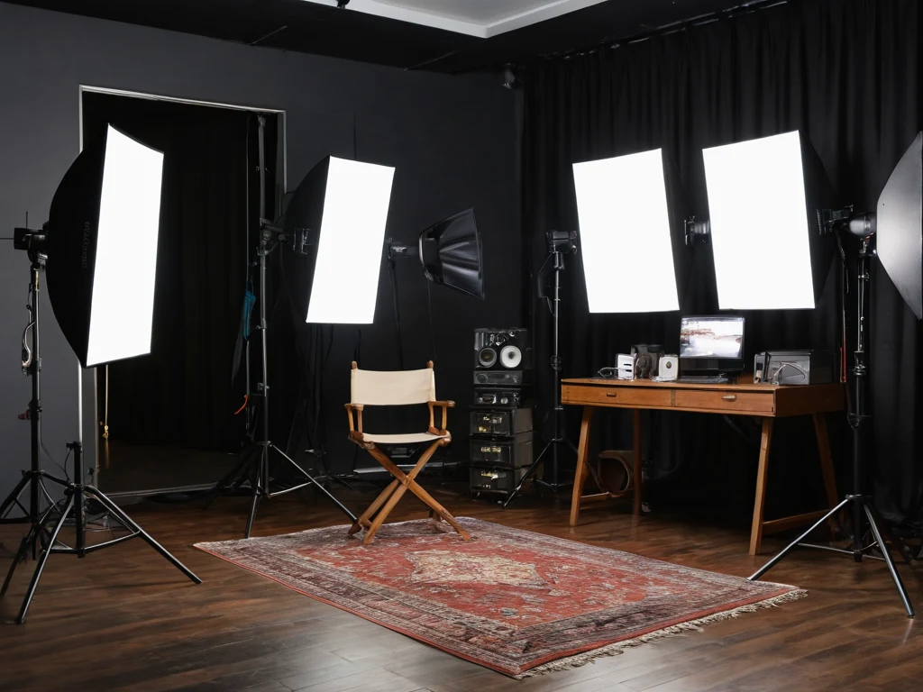 Фотостудия с профессиональным осветительным оборудованием, креслом для модели и рабочим столом, демонстрирующая подготовку к фотосессии.