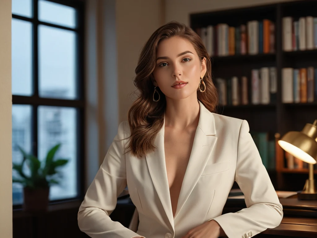Модель в белом костюме сидит за столом в библиотеке, создавая образ интеллектуальной и уверенной в себе женщины.
