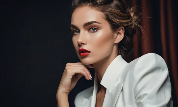 Элегантный портрет модели с яркой красной помадой, демонстрирующий профессиональный макияж и стильный образ для фотосессии.