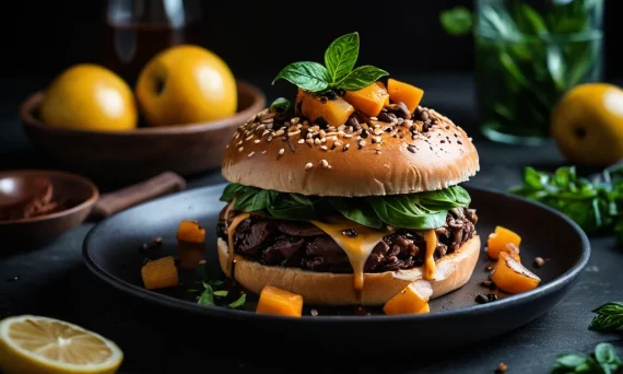 Дарк фуд фото бургера с тыквой и зеленью на черном фоне, демонстрирующее тренд в фуд-фотографии для блога и соцсетей.