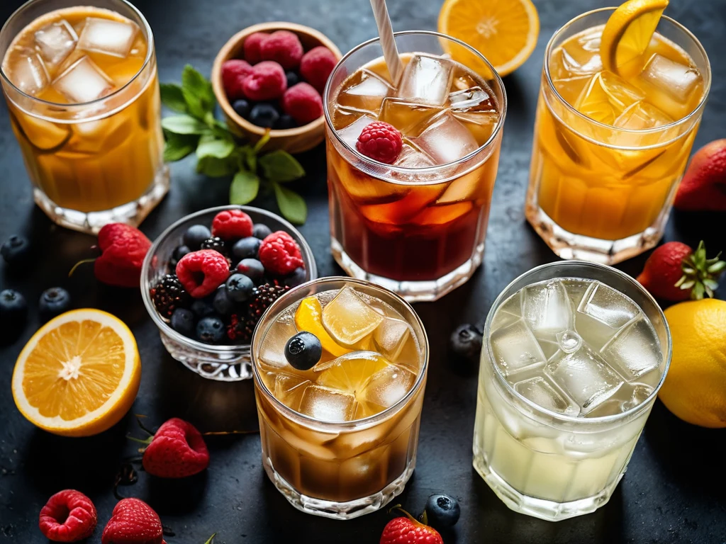 Фотография нескольких стаканов с напитками, украшенных фруктами и ягодами, на темном фоне, демонстрирующая разнообразие летних напитков.