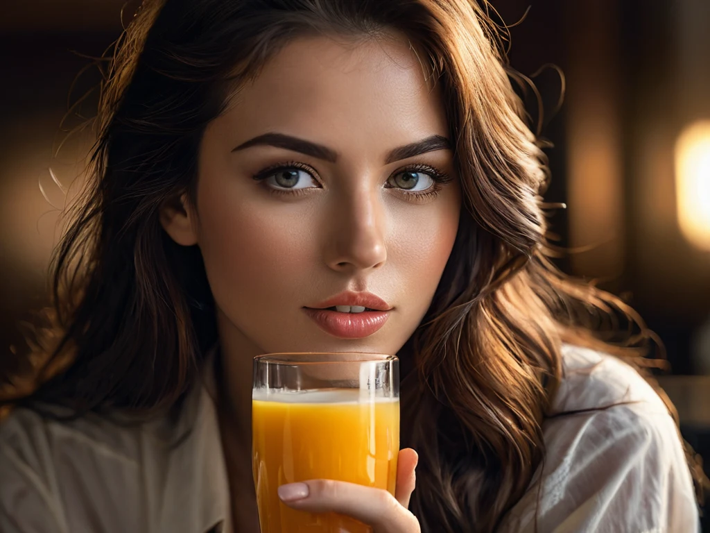 Портрет девушки, держащей стакан с оранжевым напитком, с акцентом на ее взгляд и выражение лица, демонстрирующий связь между человеком и напитком.