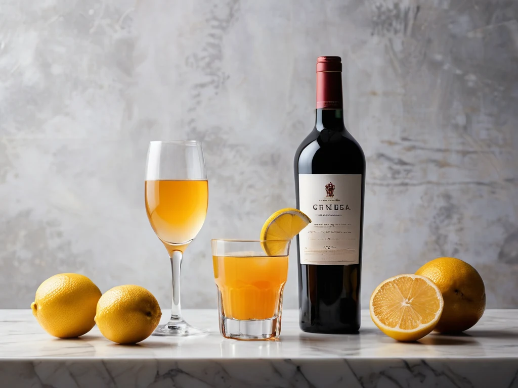 Фотография с композицией из вина, бокалов, лимонов и долек лимона на мраморной поверхности, демонстрирующая стильную подачу напитков.