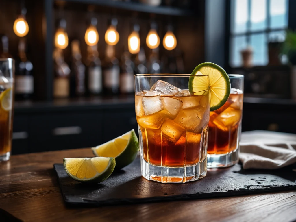 Фотография коктейлей на барной стойке с льдом и лаймом, с размытым фоном бара, демонстрирующая атмосферу бара и напитки.