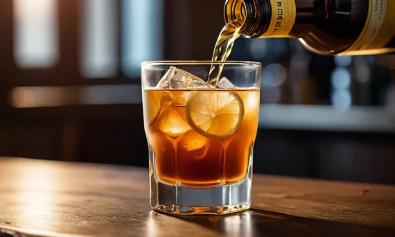 Фотография стакана виски, в который наливают напиток из бутылки, с акцентом на текстуру и цвет.