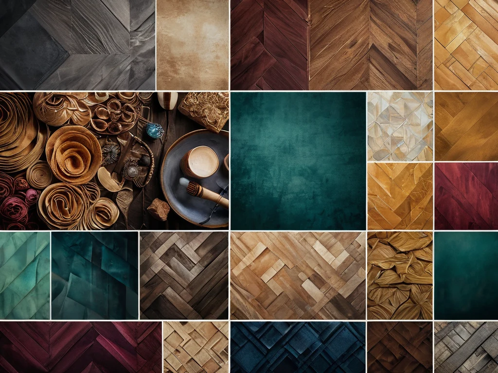 Коллаж из различных текстур: дерева, камня, ткани и других материалов. Идеально для иллюстрации использования текстур в проектах.