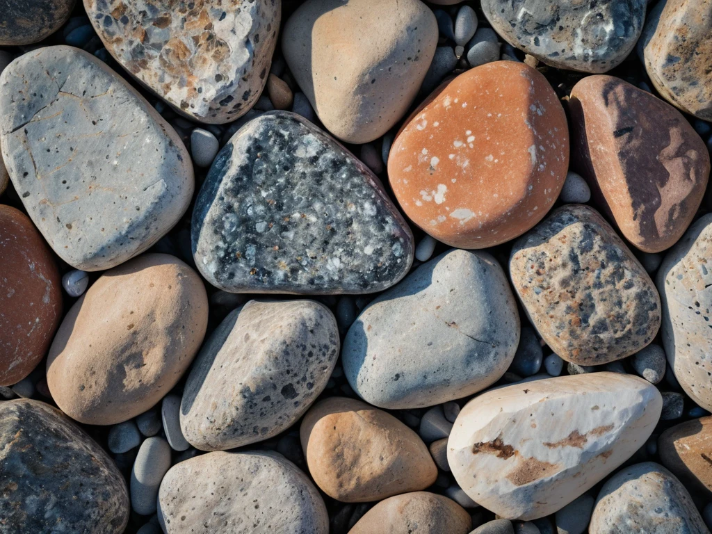 Фотография морской гальки разных цветов и размеров, лежащей на песке. Идеально для иллюстрации съемки текстур камня.