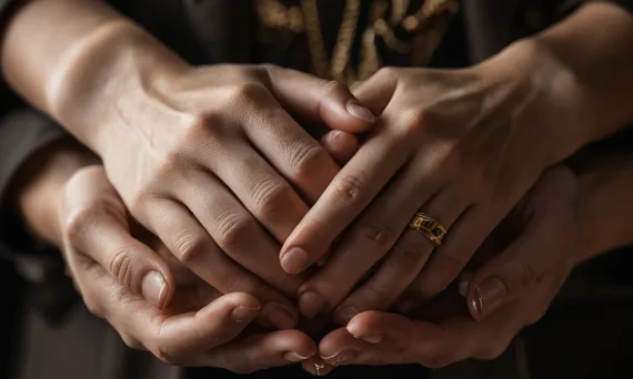 Крупный план переплетенных рук, символизирующих любовь, поддержку и связь между людьми. Фотография для фотопроекта 'Руки'.