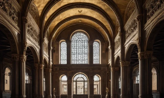 Фотография интерьера собора с высокими арками, колоннами и витражами, демонстрирующая красоту архитектурных деталей.