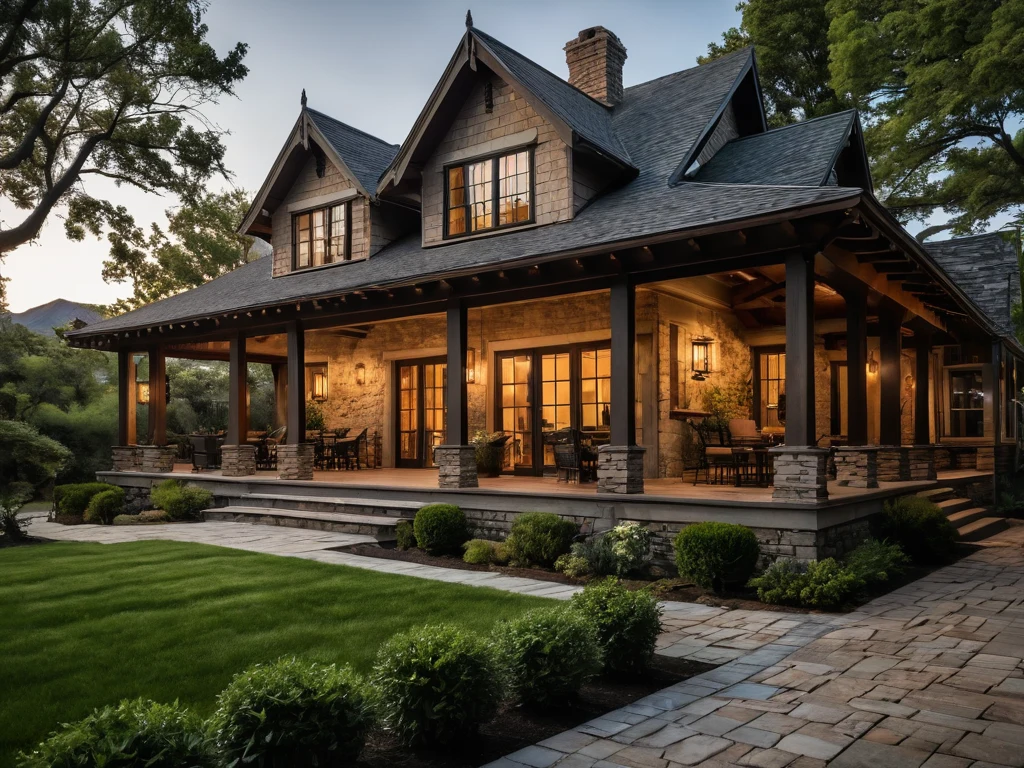 Фотография красивого дома на закате, обработанная для улучшения цвета и детализации, демонстрирующая возможности постобработки.