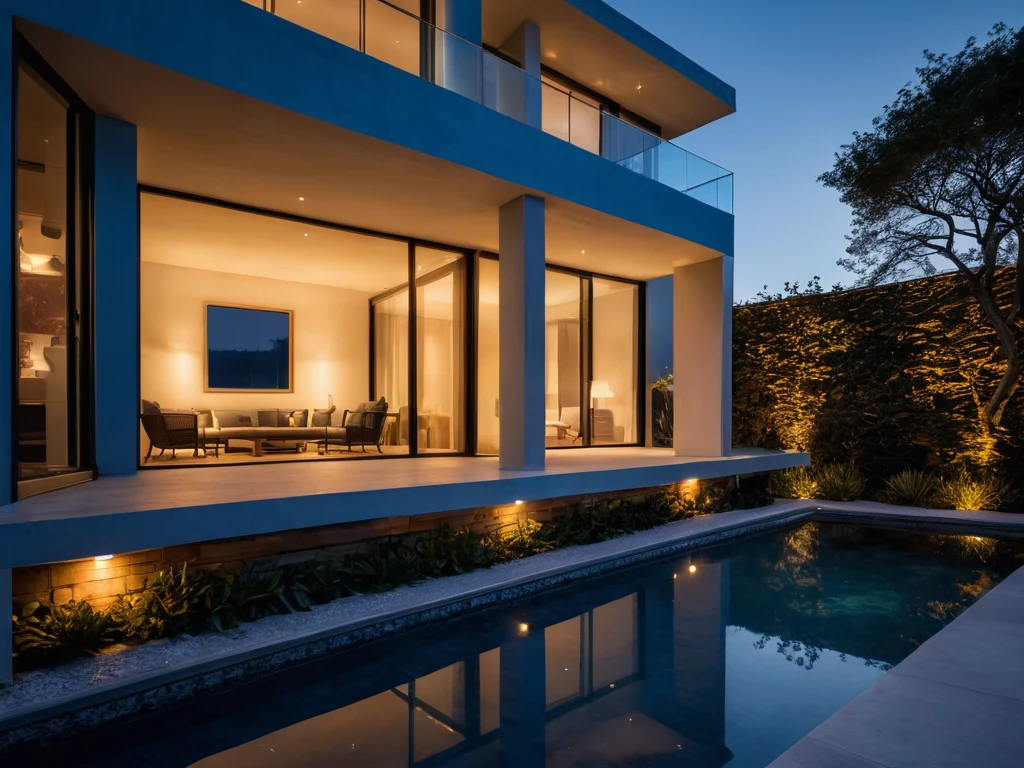 Фотография современного дома ночью с подсветкой и отражениями в бассейне, демонстрирующая использование искусственного освещения.