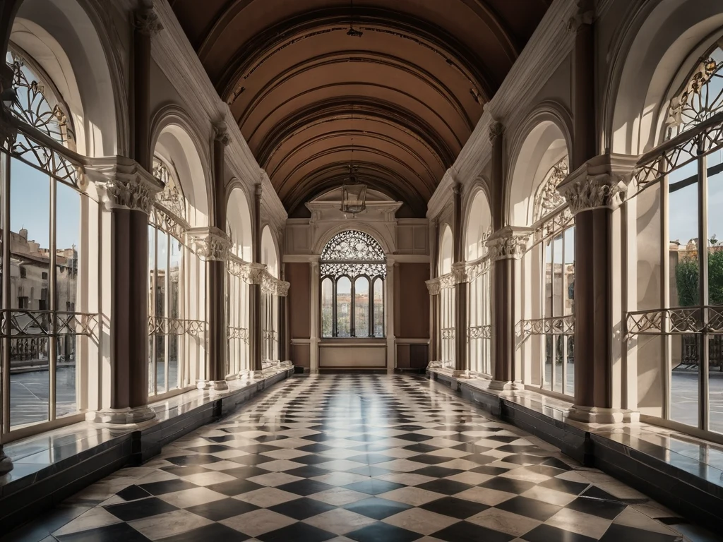 Фотография архитектурного прохода с арками, ведущими взгляд вглубь, демонстрирующая использование перспективы.