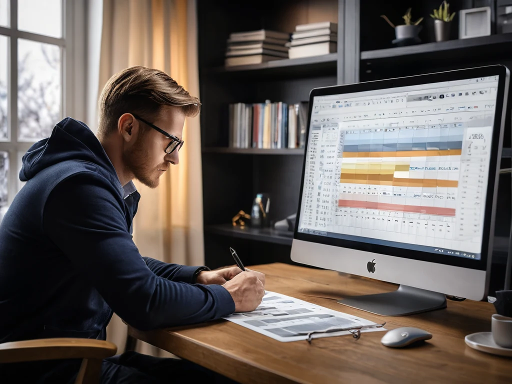 A photographer working at a computer, analyzing their schedule and planning work to overcome the 