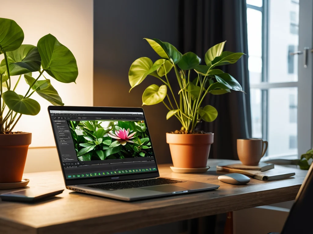 A photographer's workspace with a laptop and houseplants, symbolizing the creation of passive income.