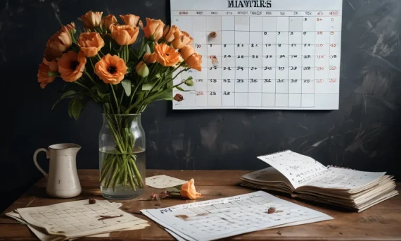 Натюрморт с оранжевыми тюльпанами, календарем и старыми фотографиями, символизирующий сезонность и "мертвый сезон" для фотографа.