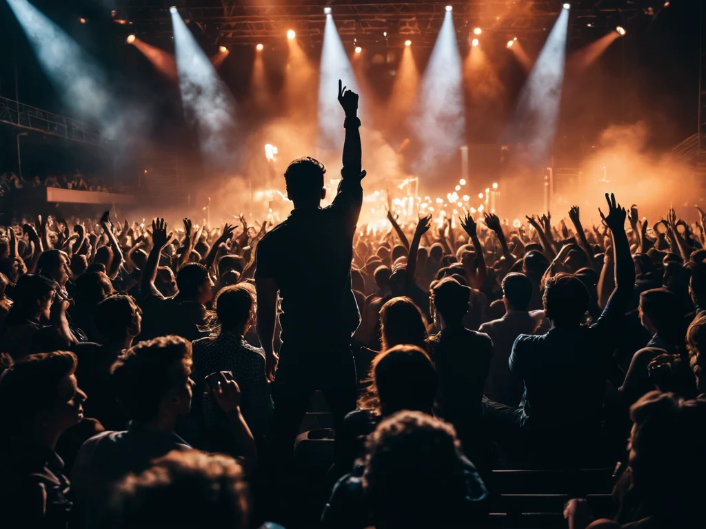 Фотография демонстрирует силуэт человека на сцене, окруженного толпой с поднятыми руками. Иллюстрирует энергию и восторг, царящие на концертах, и важность соблюдения авторских прав.