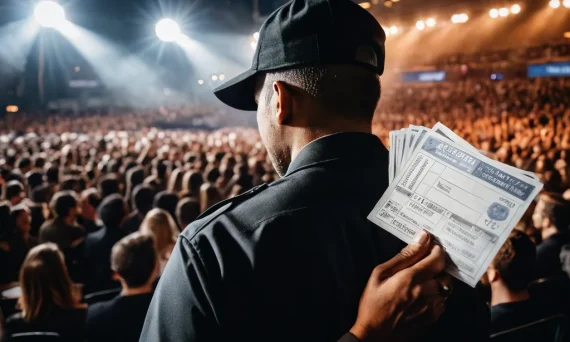 Фотография демонстрирует передачу билетов на концерт, иллюстрируя нелегальные способы попасть на мероприятие для съемки. Подчеркивает риски и этические вопросы.