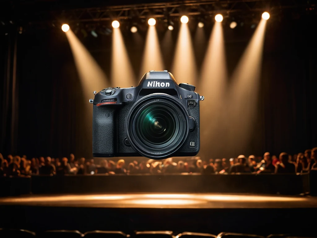 Фотография демонстрирует камеру, расположенную на сцене, в окружении ярких софитов. Иллюстрирует процесс настройки камеры для съемки в условиях низкой освещенности.