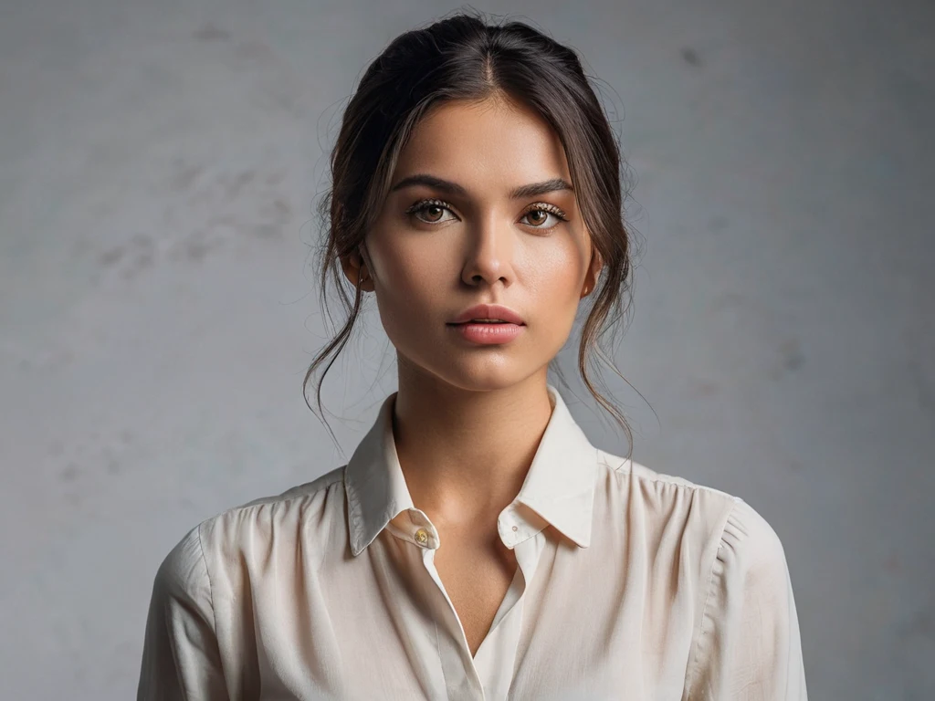 Портрет модели с нейтральным выражением лица, демонстрирующий спокойствие и уверенность. Подчеркивает важность эмоциональной стабильности.