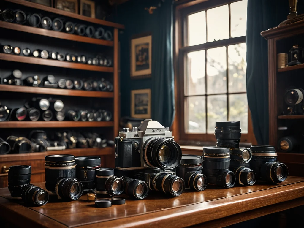 Фотография старинных пленочных камер и объективов на деревянной полке, демонстрирующая привлекательность и доступность б/у фототехники.