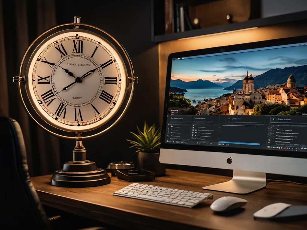 Фотография рабочего стола с компьютером, часами и другими предметами. Символизирует автоматизацию продаж фотоуслуг и пассивный доход.