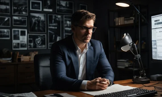 Фотография бизнесмена в офисе, работающего за компьютером, окруженного фотографиями. Иллюстрация к статье о пассивном доходе для фотографов.