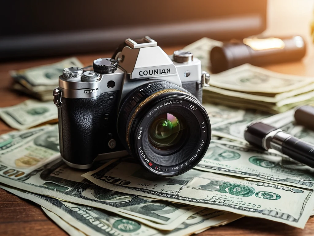Фотография винтажной камеры, лежащей на долларах. Символизирует монетизацию фотоархива и пассивный доход для фотографов.