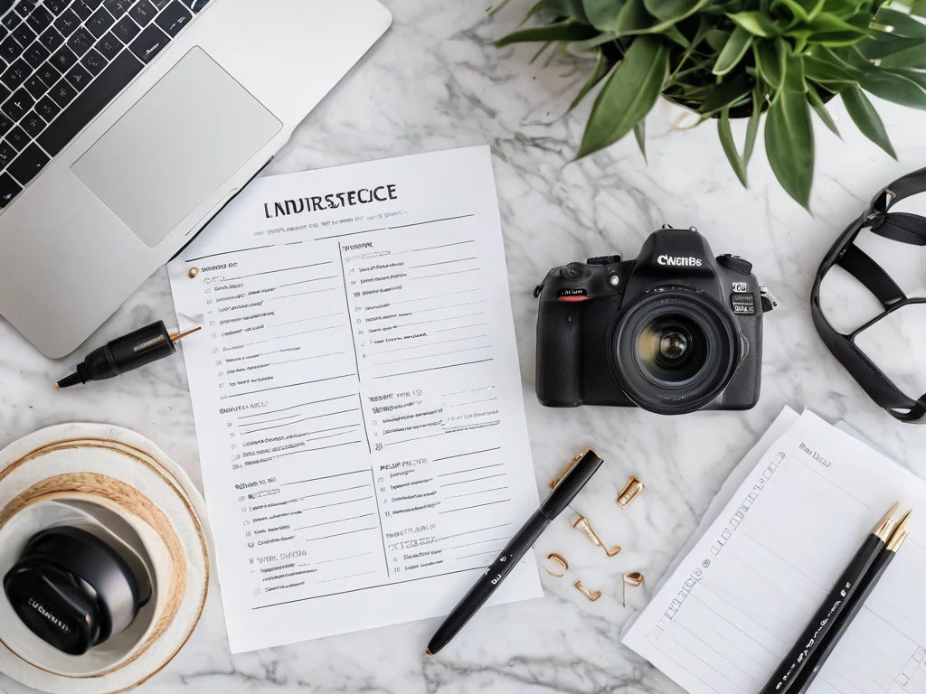 A flat lay featuring a checklist, camera, stationery, and coffee, representing the organization needed for successful photography projects.