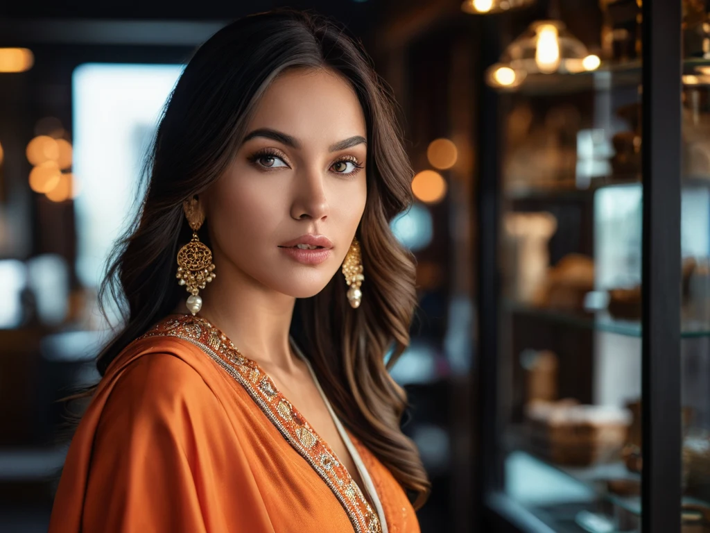 A beautiful portrait of a woman in orange attire, highlighting the importance of visual appeal for marketing photography products.