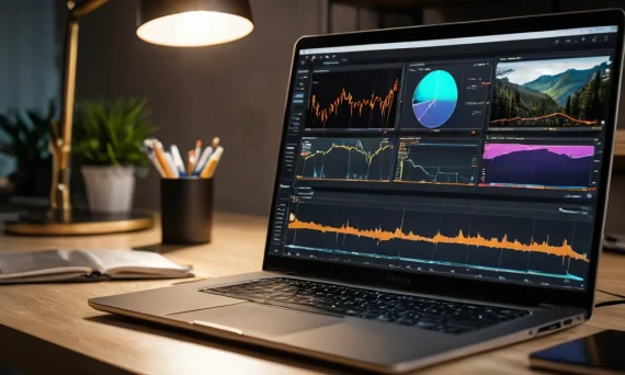 A modern workspace featuring a laptop displaying photo editing software, showcasing the potential for earning through digital skills.