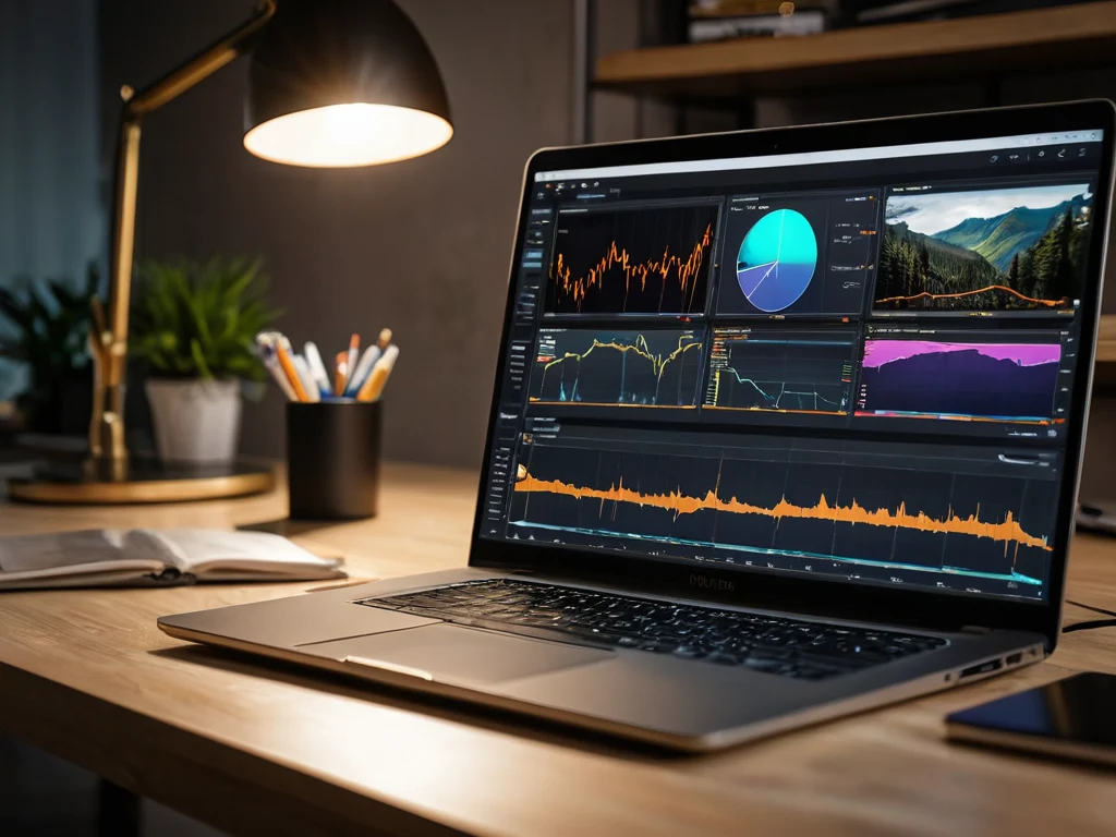 A modern workspace featuring a laptop displaying photo editing software, showcasing the potential for earning through digital skills.