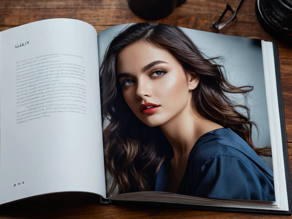 Фотография раскрытого журнала с изображением красивой модели, демонстрирующая важность иллюстраций и примеров в книге о фотографии.