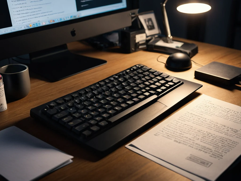 Фотография рабочего места с компьютером, клавиатурой и листами бумаги, символизирующая процесс написания первого черновика книги о фотографии.