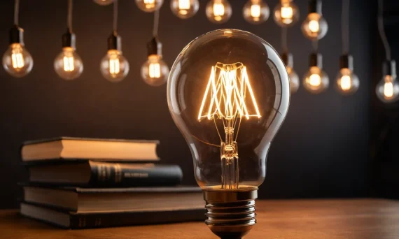 Фотография горящей лампочки Эдисона на фоне множества других ламп и книг, символизирующая вдохновение и новые идеи для книги о фотографии.