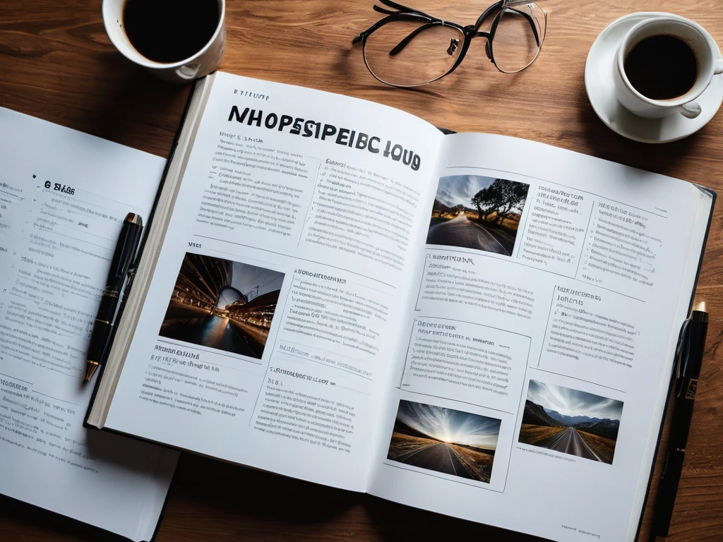 Фотография раскрытой книги на деревянном столе с чашкой кофе и очками, символизирующая планирование и структурирование книги о фотографии.