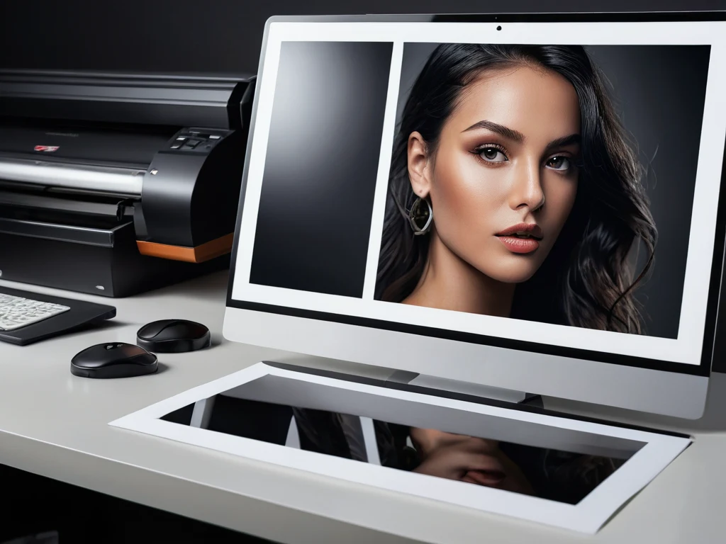 Изображение рабочего места дизайнера с монитором, на котором отображается портрет, и отпечатком фотографии, демонстрирующее процесс цифровой печати.